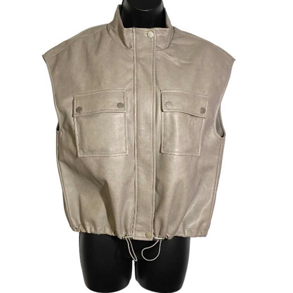 Bagatelle Vest Vegan Leather Hidden Zip Front Gray Pockets Lined Women’s Medium